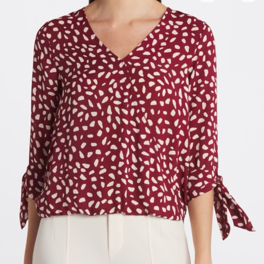 Beacon Burgundy and White Patterned Tie Sleeve High Low Blouse